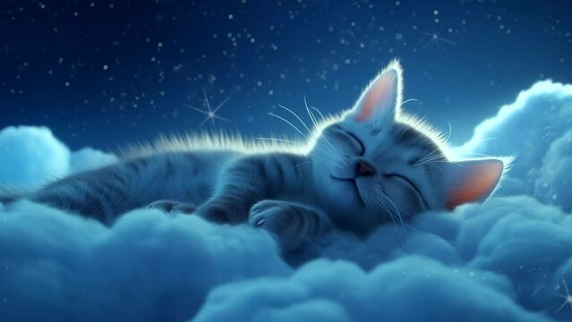 Sleeping kitten in cloud and starry sky. seamless looping 4k time-lapse animation video background