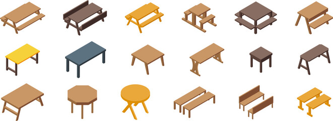Wooden table picnic icons set isometric vector. Empty garden park. Furniture creation - obrazy, fototapety, plakaty