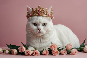 A beautiful white cat with a crown on his head, a diadem, among pink roses on a pink background.