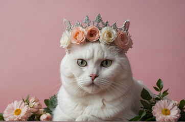 Portrait of an adorable white cat wearing a crown of pink roses on a pink background.