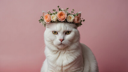 Beautiful white cat wearing a crown of rose flowers on a pink background.