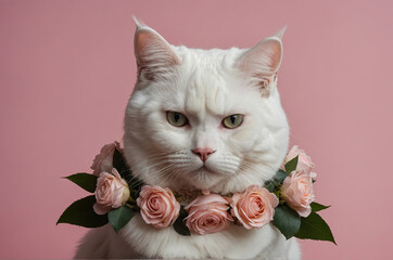 A beautiful white cat wearing a wreath around his neck of pink rose flowers on a pink background.