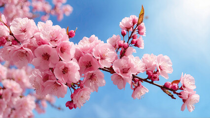 Blooming cherry branches with pink flowers against a blue sky. Tokyo, Japan. Pink sakura flowers, dreamy romantic artistic image of spring nature, copy space.