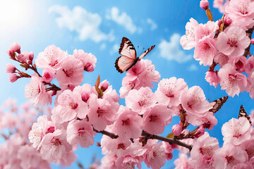 Blooming cherry branches with pink flowers and a butterfly against a blue sky. Tokyo, Japan. Pink sakura flowers, dreamy romantic artistic image of spring nature, copy space.