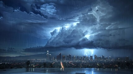 large electrical storm falling over a city at night with lightning and thunder in high resolution and high quality