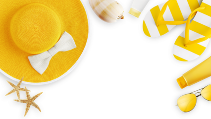 Top view of sea beach holiday accessories: Sun hat, sunglasses, flip flops, seashell, starfish, and sunscreen. Summer beach vacation banner sign, copy space isolated on white background