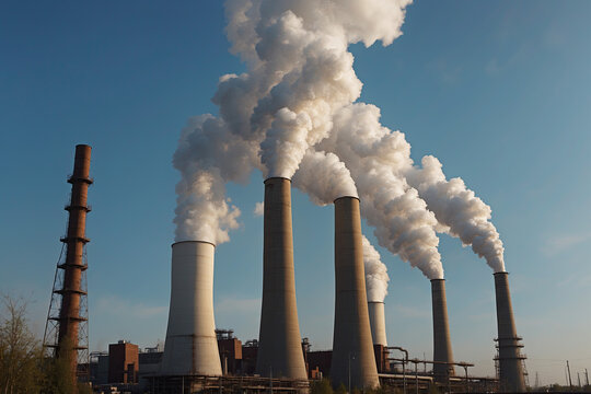 Factory chimneys, air pollution, smoke from chimneys, environmental problems, environmental topics, industry scene. White smoke pours from the chimneys of a power plant