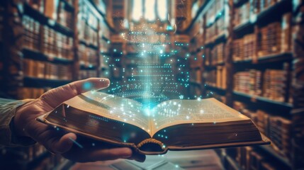 Hand holding a open book with digital technology elements in library background. AI generated - obrazy, fototapety, plakaty