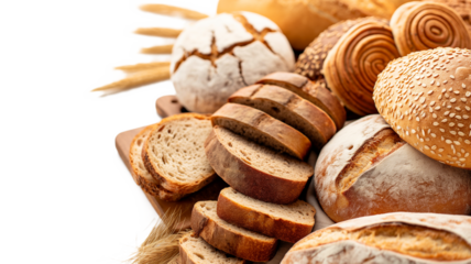 Assortment of fresh baked bread on transparent background. Delicious selection of various freshly baked breads isolated on a transparent background 
