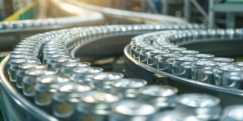 A conveyor belt with many cans of soda on it