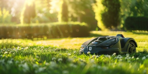 A lawn mower is sitting in a grassy field