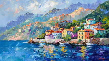 Serene Mediterranean coastal town with colorful houses and mountains, impressionist oil painting - obrazy, fototapety, plakaty
