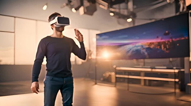 man wearing vr set, virtual reality technological animated changing illustration
