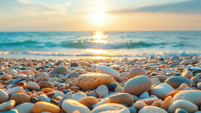 Close up of beautiful small rocks on the beach at sunset. Generated AI image
