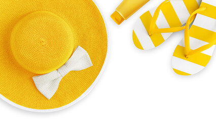 Top view of sea beach holiday accessories: Yellow sun hat, flip flops and sunscreen. Summer beach...