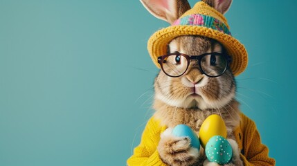 Easter bunny before a solid colored background with easter eggs in his hand.  - obrazy, fototapety, plakaty