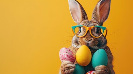Easter bunny before a yellow solid colored background with easter eggs in his hand.  - obrazy, fototapety, plakaty