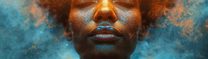 A close-up of a person practicing mindfulness by taking deep breaths, with a serene expression on their face Painting style with a spotlight effect 