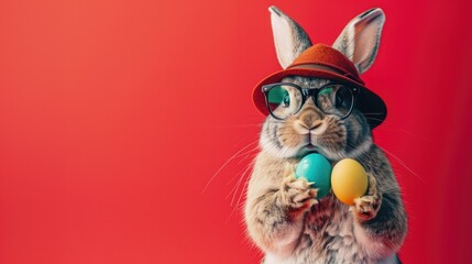Easter bunny before a red solid colored background with easter eggs in his hand.  - obrazy, fototapety, plakaty