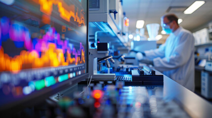 Modern Lab Research and Data Analysis.
In a state-of-the-art lab, a scientist conducts research amidst screens showcasing vibrant data visualizations.