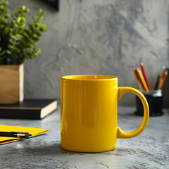 Mock up an empty yellow coffee cup with desired contents placed on a work desk.