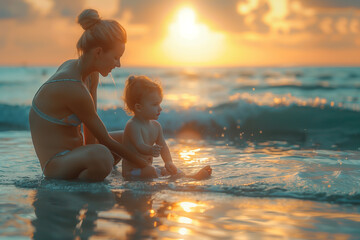 Woman and Baby Playing in the Ocean