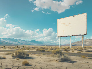 Large empty billboard on desert highway for displaying desired content.