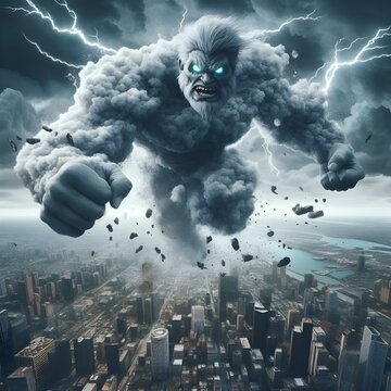 Ai generates illustration a human flying monster in the form of a giant angry cloud of smoke and streaks of lightning on its body with city background