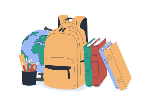 Back to school, online school banner, poster. Yellow backpack with school supplies on the background of checkered paper