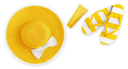 Top view of sea beach holiday accessories: Yellow sun hat, flip flops and sunscreen. Summer beach vacation banner sign, copy space isolated on white background