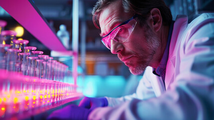 Scientific Inquiry Under Neon Lights.
This image captures a scientist's quest for knowledge in a neon-lit lab, a testament to the relentless pursuit of scientific advancement. - obrazy, fototapety, plakaty