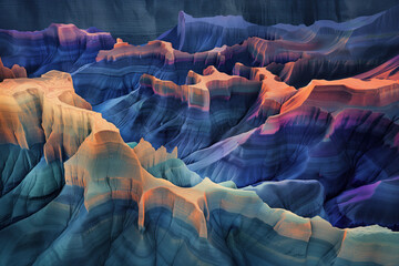 Surreal colorful landscape inspired by Grand Canyon. Rock texture, rock formations. Abstract colorful background image. Created with Generative AI technology - obrazy, fototapety, plakaty
