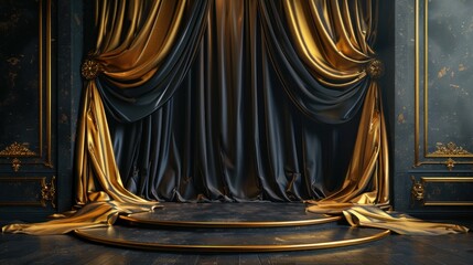 Empty background - Theater stage with black gold velvet curtains - obrazy, fototapety, plakaty