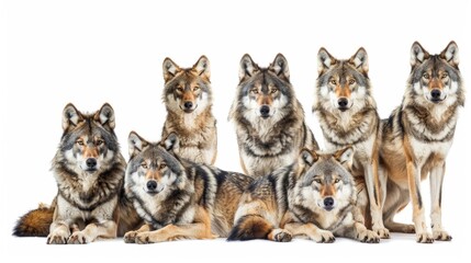 Wildlife animals wolves banner panorama long - Collection of standing, sitting, howling, lying group of wolf family with young baby, isolated on white background