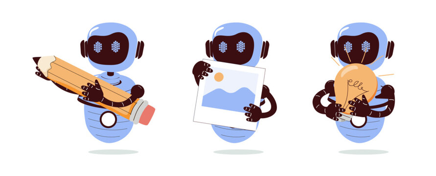 Funny robot set. Cute cyborg or chat bot creating artwork, drawing text, answering questions. Vector illustration