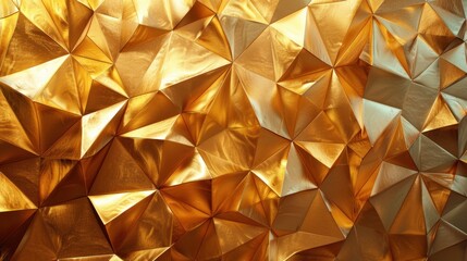 Abstract wide gold metallic texture with geometric triangular 3d triangles pattern wall background banner illustration, textured backdrop for design web, wallpaper