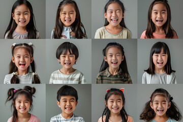 Collage of portraits and faces of smiling Asian children for profile picture on grey background
