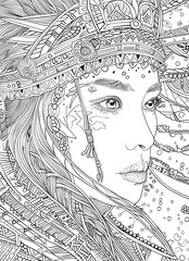 1 Coloring book for adults. Portrait of a man in an Indian costume. Detailed drawing.