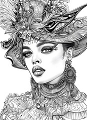  Coloring page. Portrait of a woman with a beautiful hat. Fashionable  drawing.