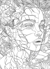Coloring page for adults. Close-up portrait of a woman.