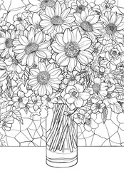 Coloring page for adults. Beautiful flowers in a vase. Spring arrangement.