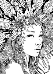 Coloring page. Portrait of a man. Plume of flowers on head.