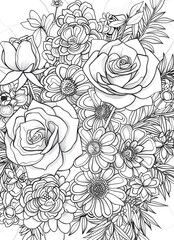 Beautiful flower arrangement. A bouquet of different flowers. Coloring page.