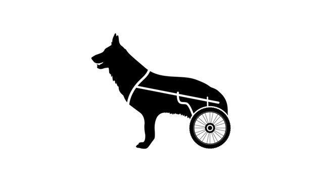 Paralyzed dog on wheelchair cart, , black isolated silhouette