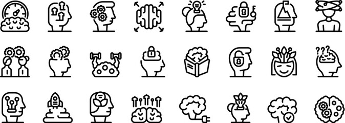 Mindset growth icons set outline vector. Thinking positive. Happy self increase