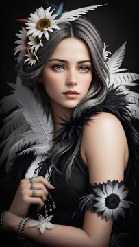 Young beautiful woman in an outfit with black and white feathers and flowers in her hair. Concept: High fashion, elegance, photo shoot.