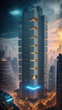 Futuristic skyscraper in an urban environment at dawn.
Concept: City of the future, architecture, cityscape.