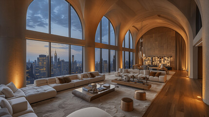 Luxurious Modern Living Room with City Skyline View at Dusk