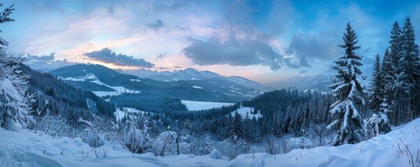 panoramic view of the snowy landscape, forest and mountains in the distance, clouds in the sky, cold colors Generative AI