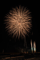 View of fireworks on the beach at night in the city of Knokke on the Belgian coast 